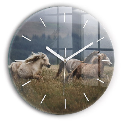 Round glass clock Horses at a gallop