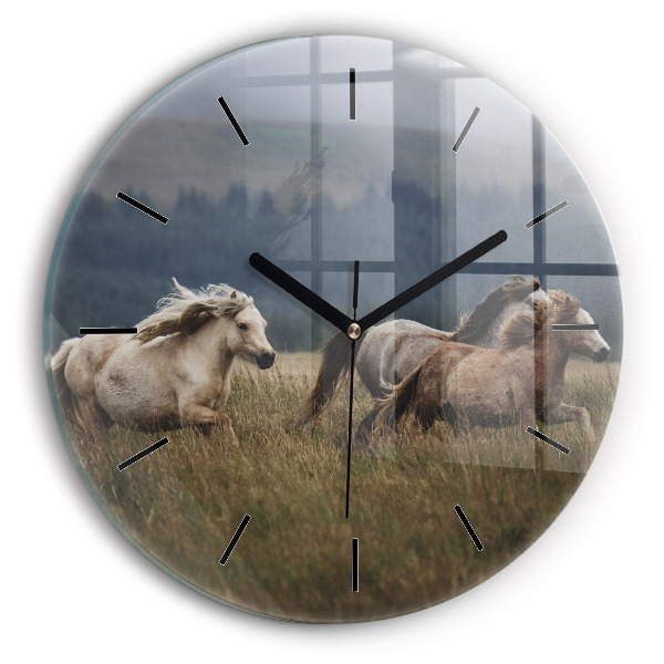 Round glass clock Horses at a gallop