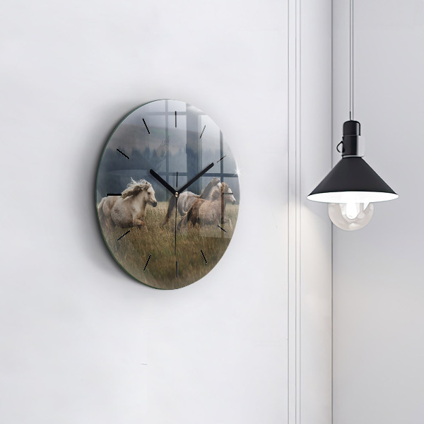 Round glass clock Horses at a gallop