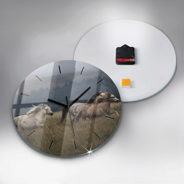 Round glass clock Horses at a gallop
