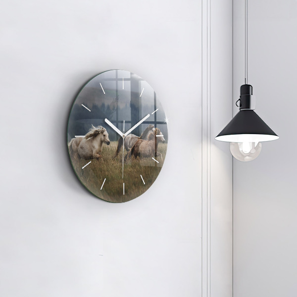 Round glass clock Horses at a gallop