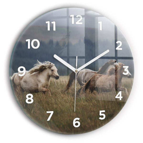 Round glass clock Horses at a gallop