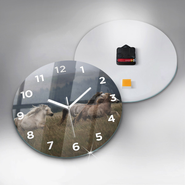 Round glass clock Horses at a gallop