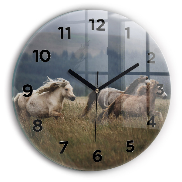 Round glass clock Horses at a gallop