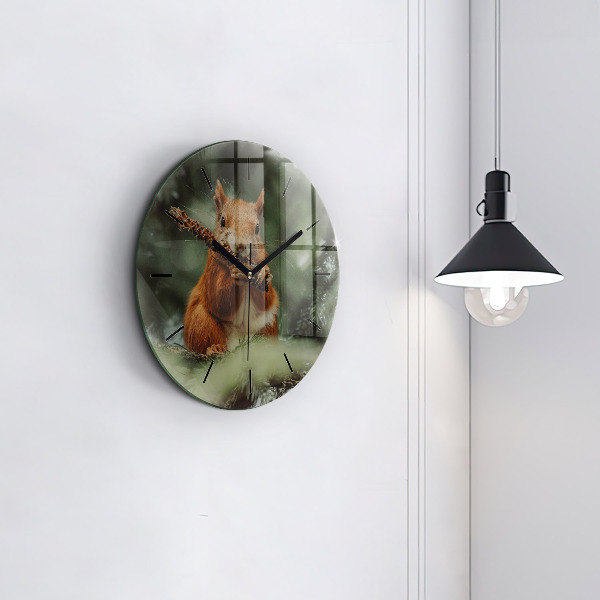 Round glass clock Squirrel and wild nature