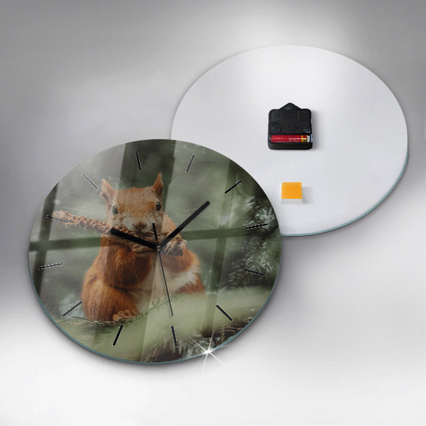 Round glass clock Squirrel and wild nature