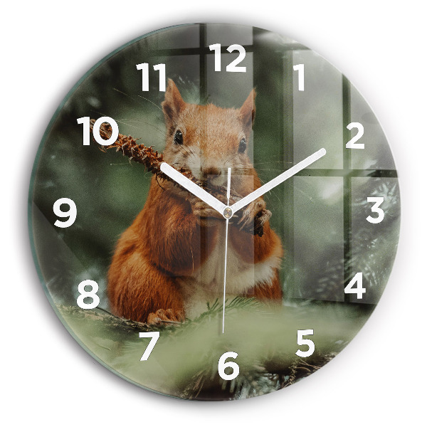 Round glass clock Squirrel and wild nature
