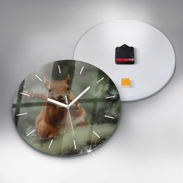 Round glass clock Squirrel and wild nature
