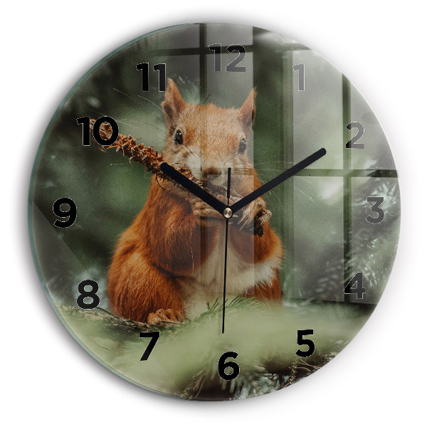 Round glass clock Squirrel and wild nature