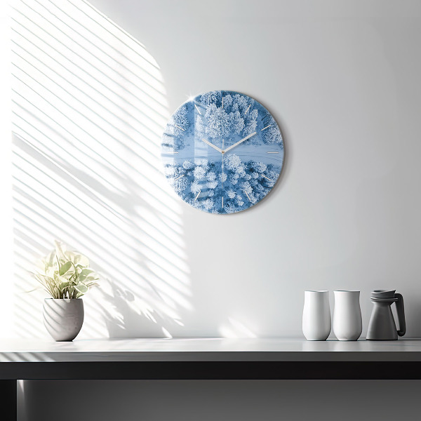 Round glass clock Forest in winter