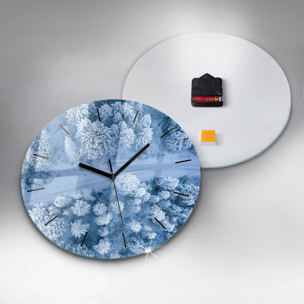 Round glass clock Forest in winter
