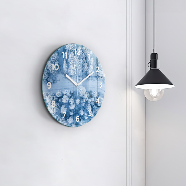Round glass clock Forest in winter