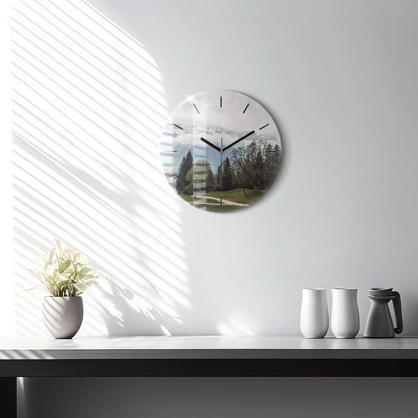Round glass clock Mountain view