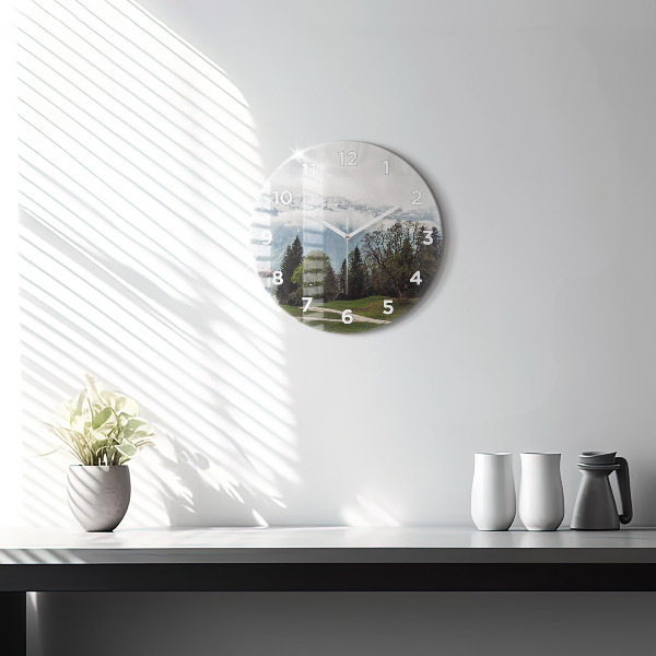 Round glass clock Mountain view