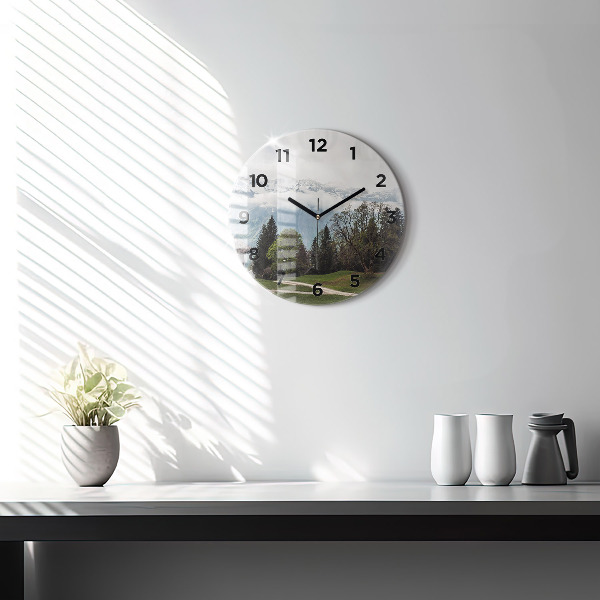 Round glass clock Mountain view