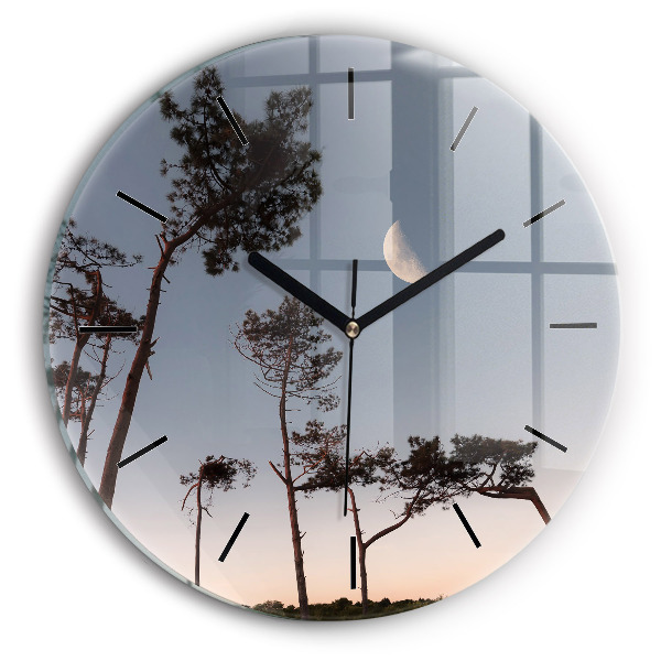 Round glass clock Crescent and trees