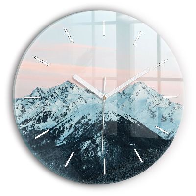 Round glass clock Mountain range in winter