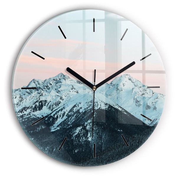 Round glass clock Mountain range in winter
