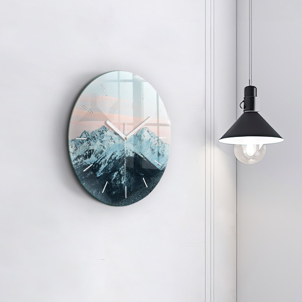 Round glass clock Mountain range in winter
