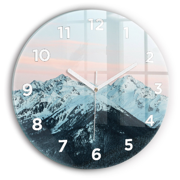 Round glass clock Mountain range in winter