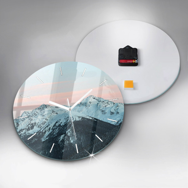 Round glass clock Mountain range in winter