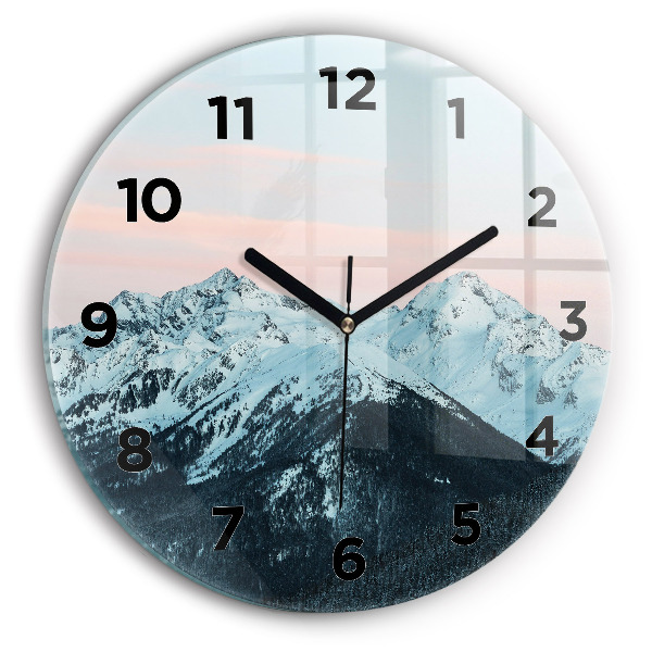 Round glass clock Mountain range in winter