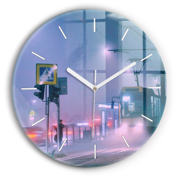 Round glass clock Warsaw in the fog