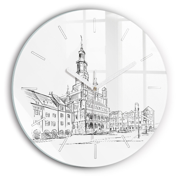 Round glass clock Sketch of the old town of Poznań