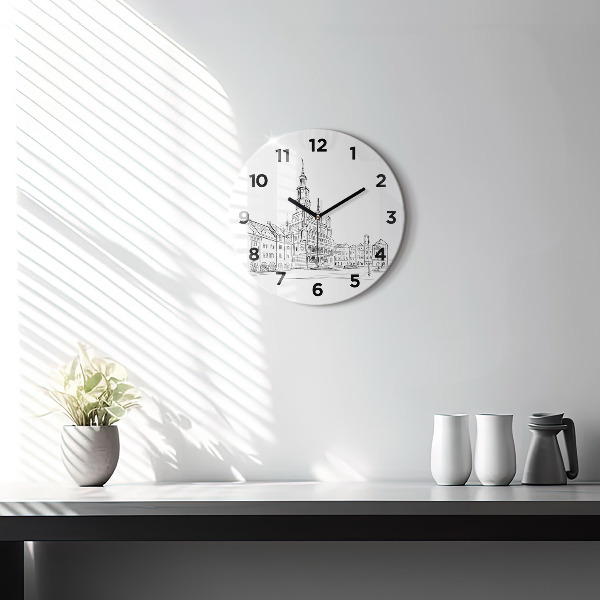 Round glass clock Sketch of the old town of Poznań