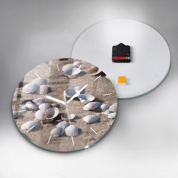 Round glass clock Seashells on the beach