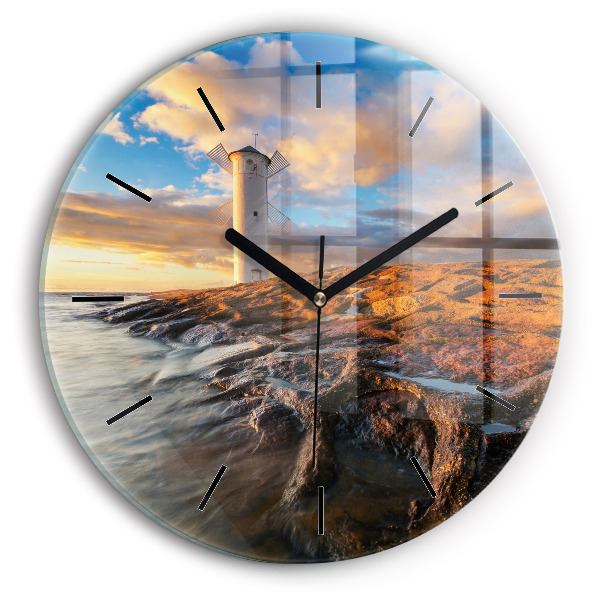 Round glass clock The Lighthouse and the Baltic Sea