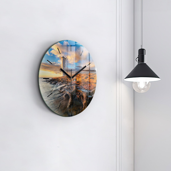 Round glass clock The Lighthouse and the Baltic Sea