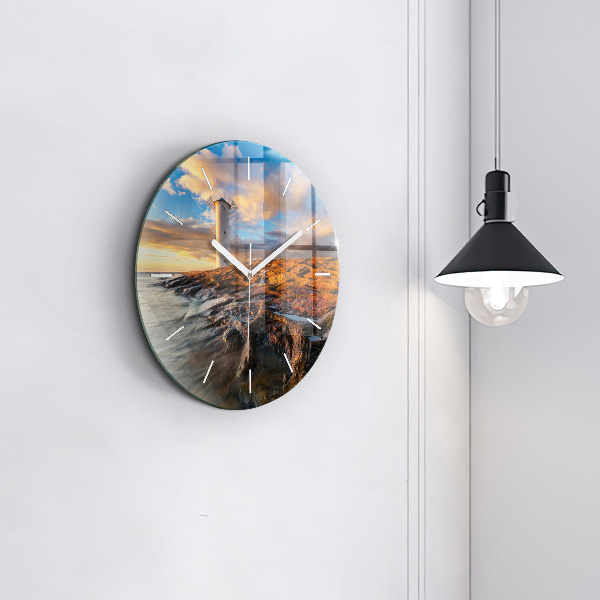 Round glass clock The Lighthouse and the Baltic Sea
