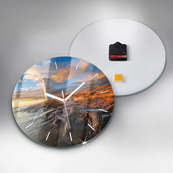 Round glass clock The Lighthouse and the Baltic Sea