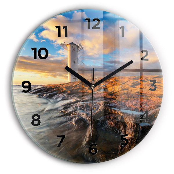 Round glass clock The Lighthouse and the Baltic Sea
