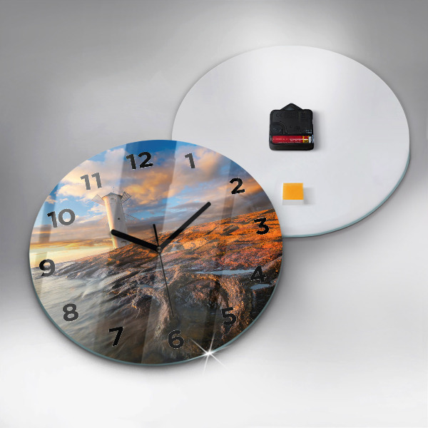 Round glass clock The Lighthouse and the Baltic Sea