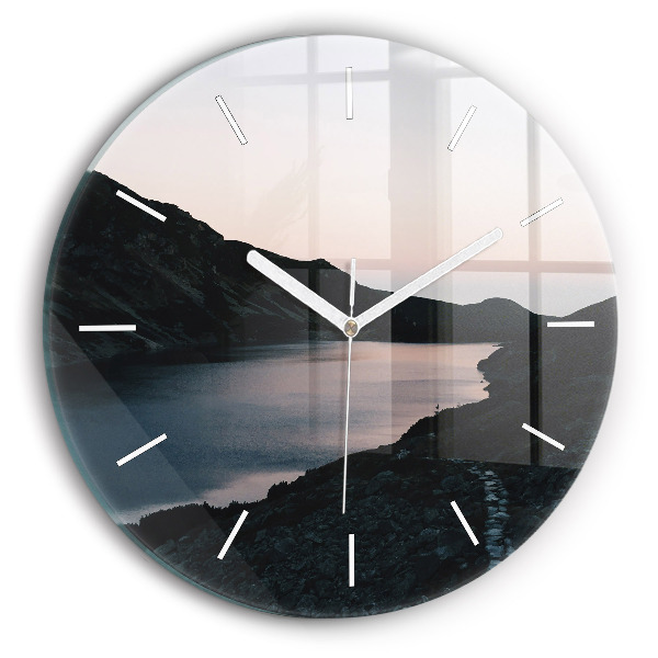 Round glass clock Lake and mountains
