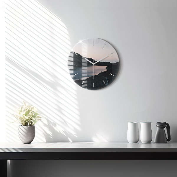 Round glass clock Lake and mountains