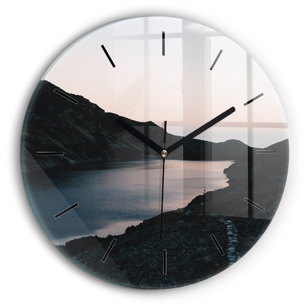Round glass clock Lake and mountains