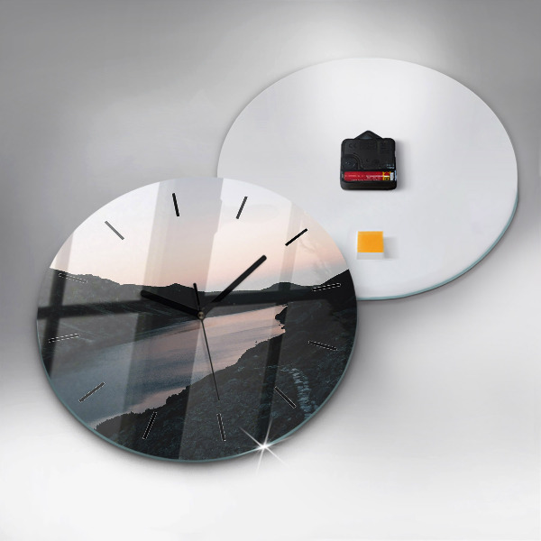 Round glass clock Lake and mountains