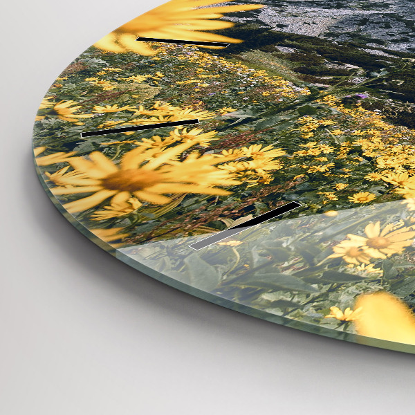 Round glass clock Meadow flowers in the mountains