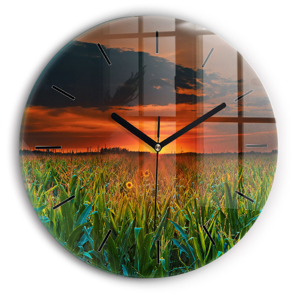 Round glass clock Sunflowers in the meadow
