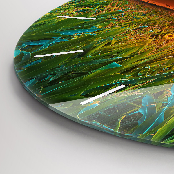 Round glass clock Sunflowers in the meadow