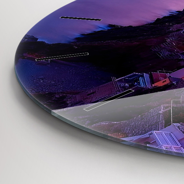 Round glass clock Houses near the Lake