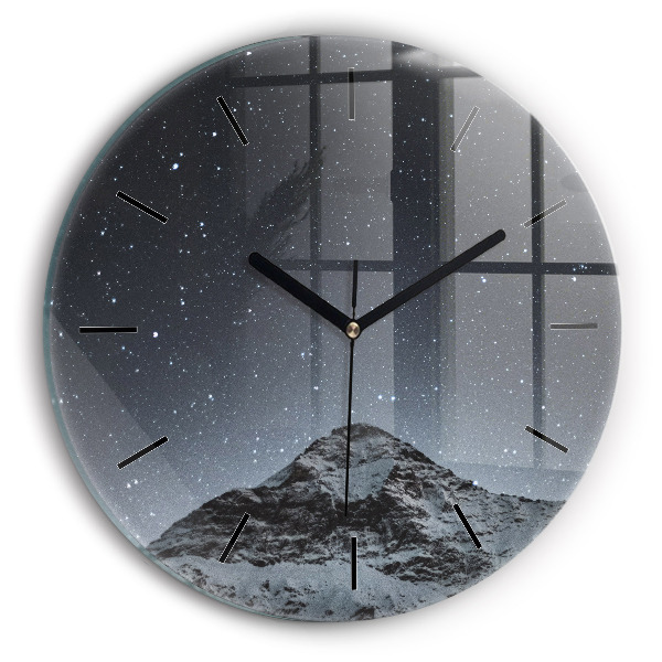 Round glass clock Mountain under the stars