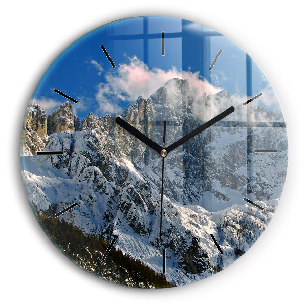Round glass clock Mountains under blue sky