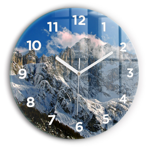 Round glass clock Mountains under blue sky