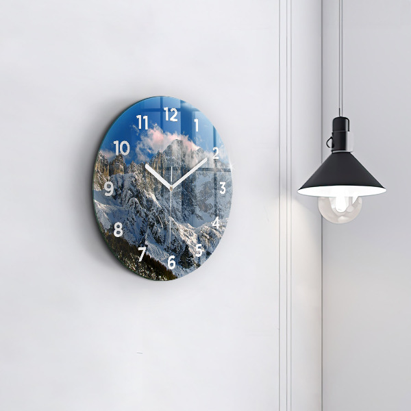 Round glass clock Mountains under blue sky