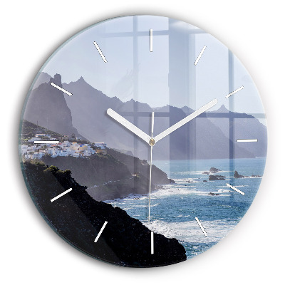 Round glass clock Mountains by the ocean