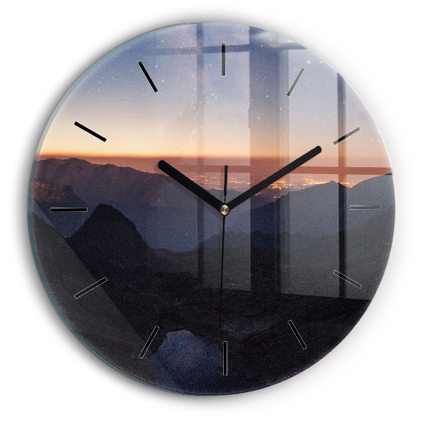 Round glass clock Mountains at sunset